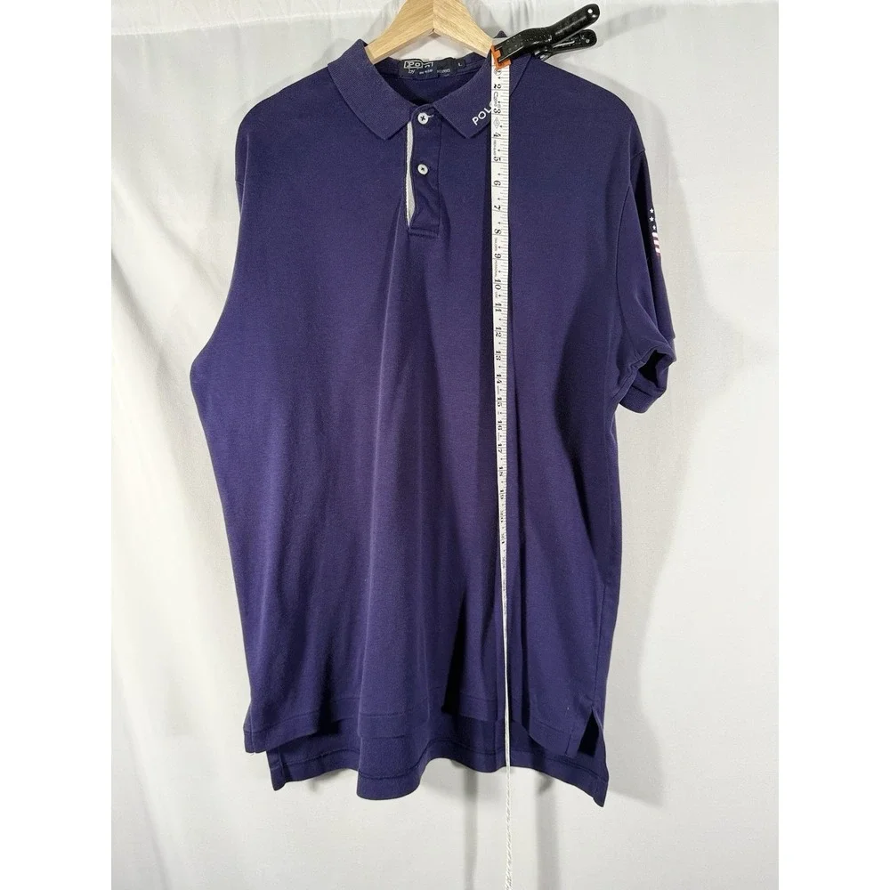 POLO Ralph Lauren Golf‎ Shirt Navy Blue w/ White Placket Flag Print on Arm Men L